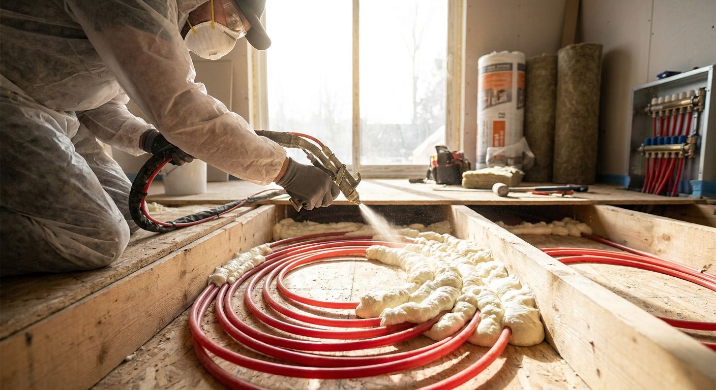 Spray foam insulation for radiant floor heating systems