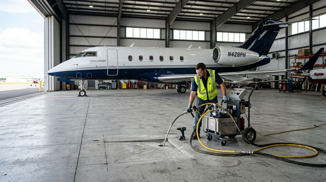 Concrete lifting for airplane hangar floors
