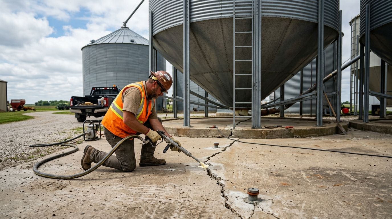 Concrete lifting for grain bins and silo pads