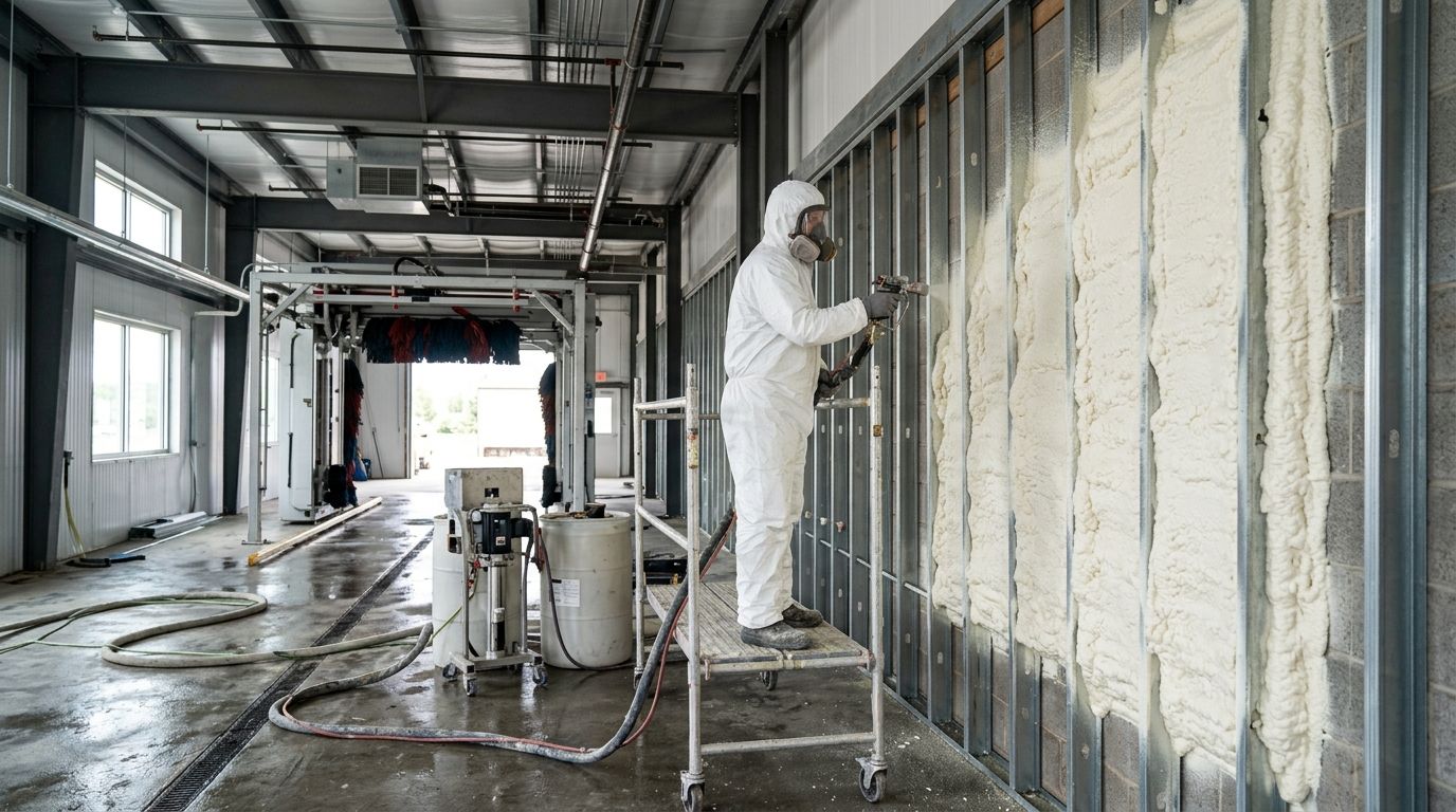Spray foam insulation for car wash facilities