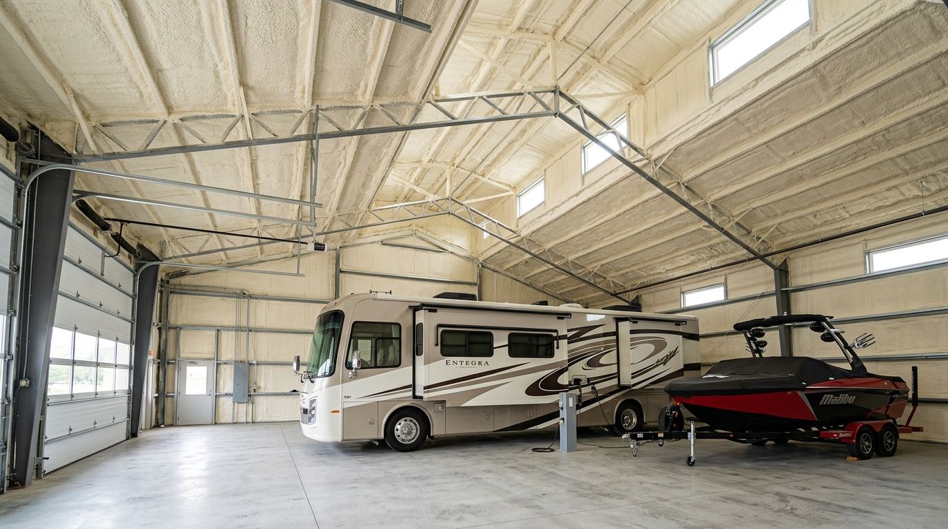 Spray foam insulation for heated RV and boat storage garages