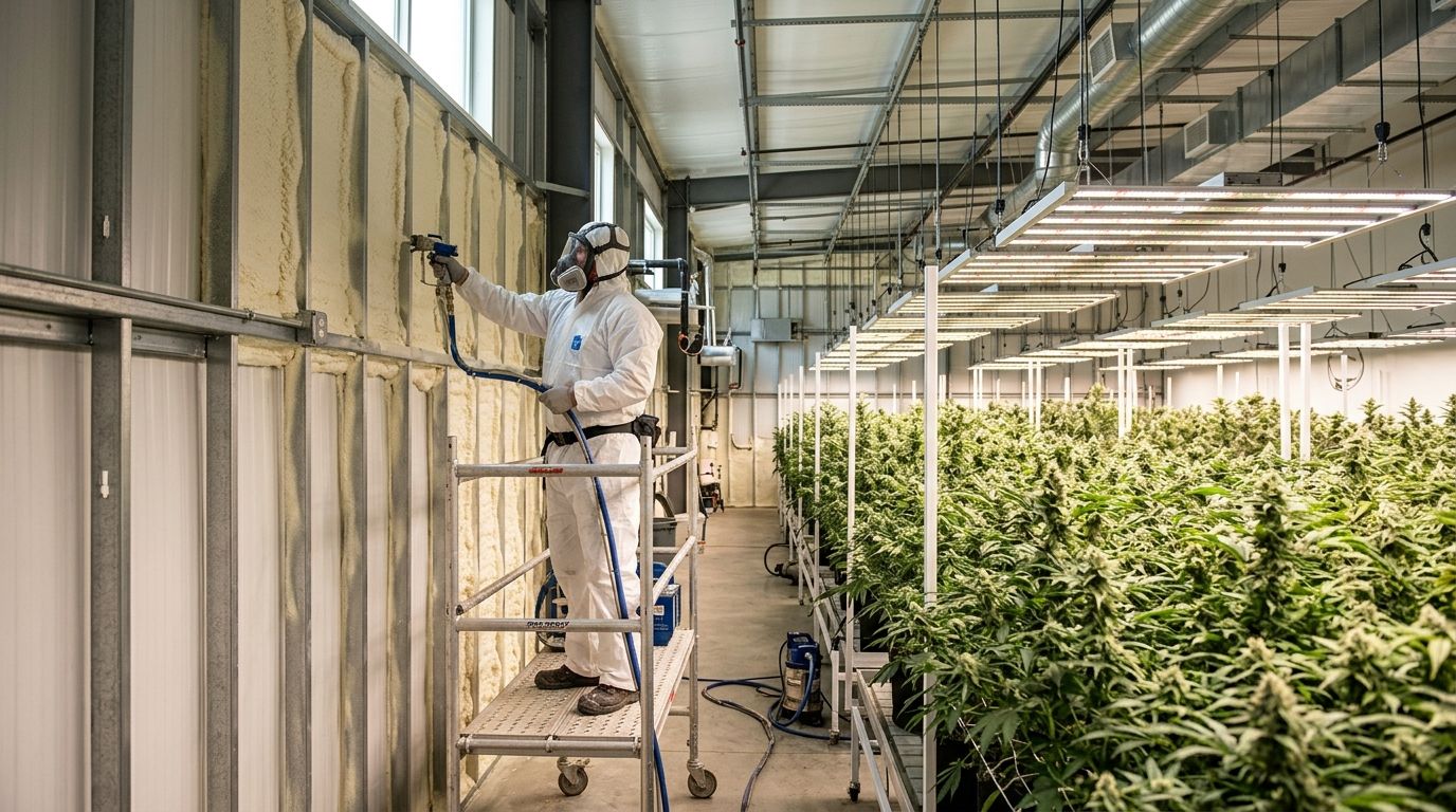 Spray foam insulation for licensed cannabis grow facilities